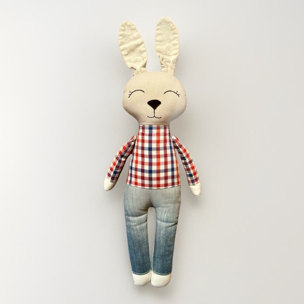 Handmade Stuffed Easter Bunny Rabbit Plush Baby Toy 13” Tall Spring Plaid Picnic
